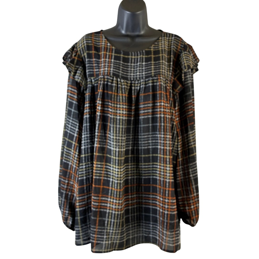 First Love by Lovelyn Plaid Ruffle‎ Shoulder Babydoll Blouse Black Orange 3X USA